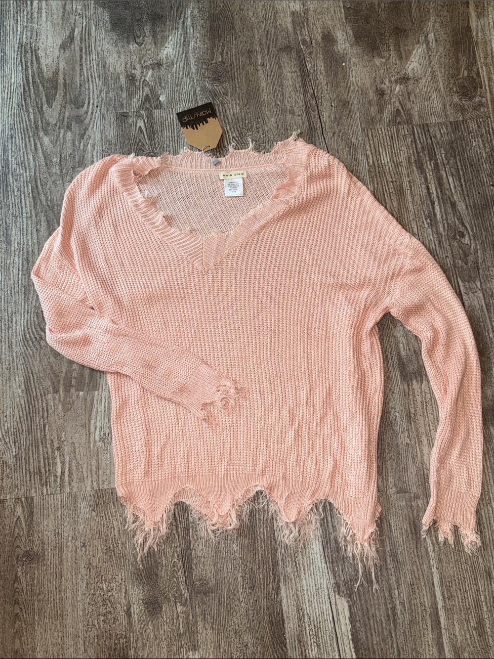 Main Strip Peach Pink Distressed V-Neck Sweater